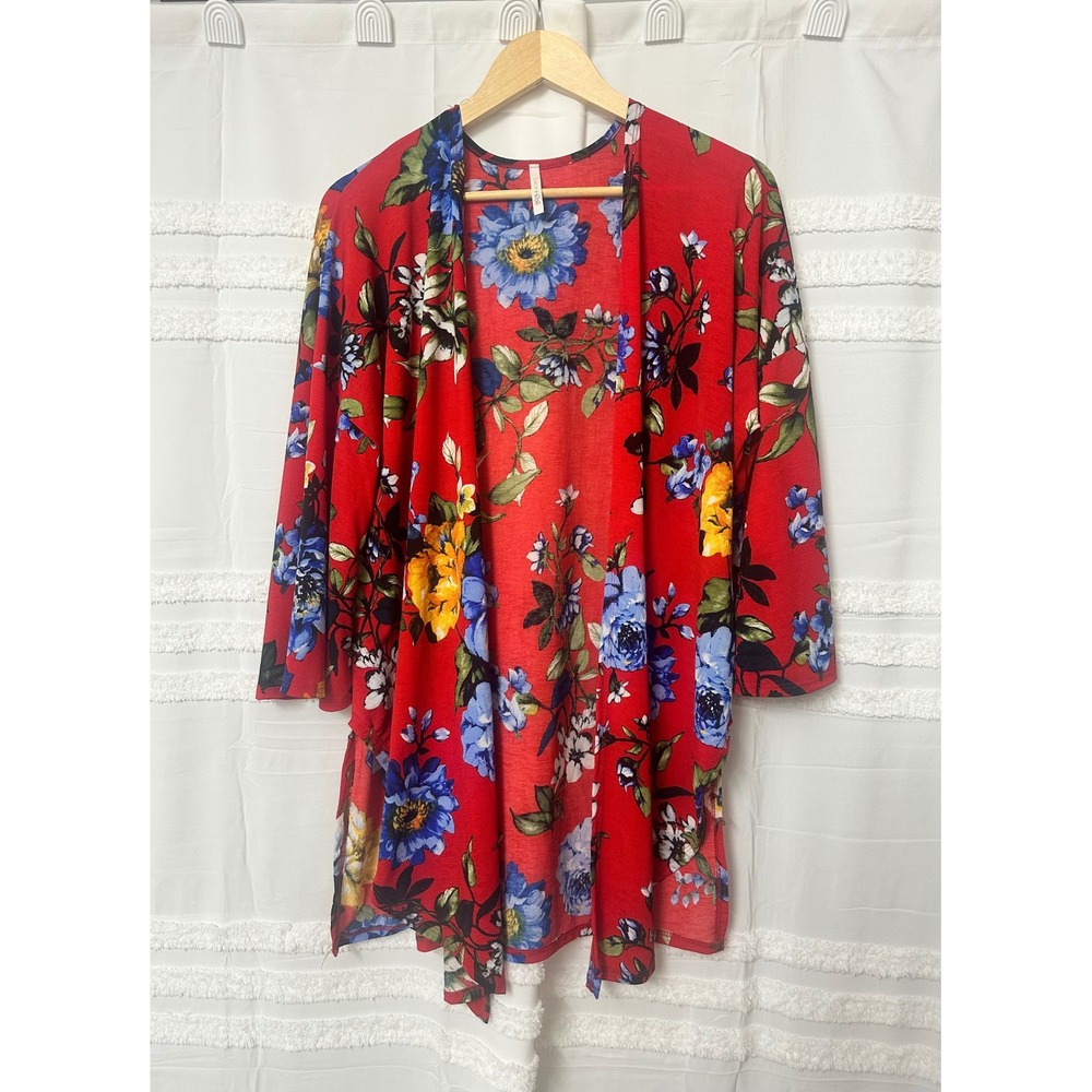 Lime n‎ Chili Womens Red Floral Open Front Kimono Cardigan Botanical Size M
